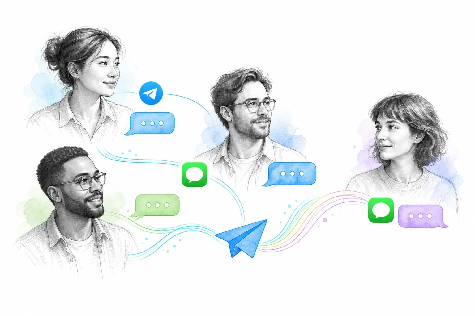 Four coworkers connected through Telegram and iMessage, with blue Telegram and green iMessage icons