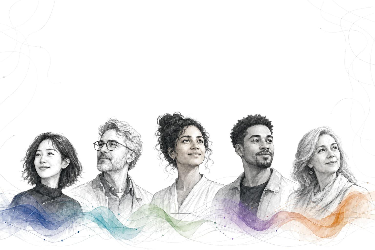 Five illustrated Orchestero AI assistants connected by colorful vellum signals